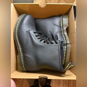 Dr. Martens Gray Boots with Yellow Stitching